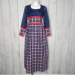 VTG 60s 70s Red/White/Blue Plaid Long Sleeve Prairie Maxi Dress